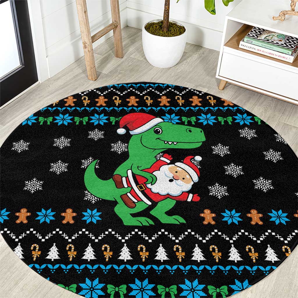 Funny Santa Riding Dinosaur Christmas Round Carpet Gingerbread Snowflake Pattern - Wonder Print Shop