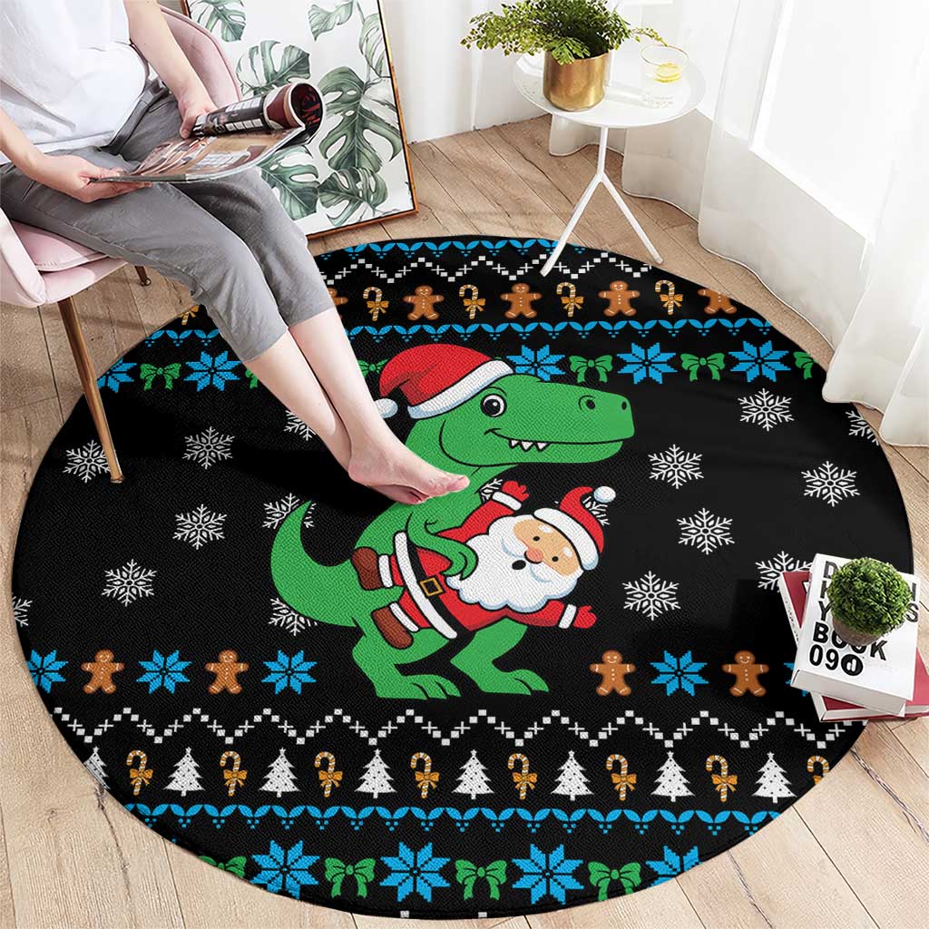 Funny Santa Riding Dinosaur Christmas Round Carpet Gingerbread Snowflake Pattern - Wonder Print Shop