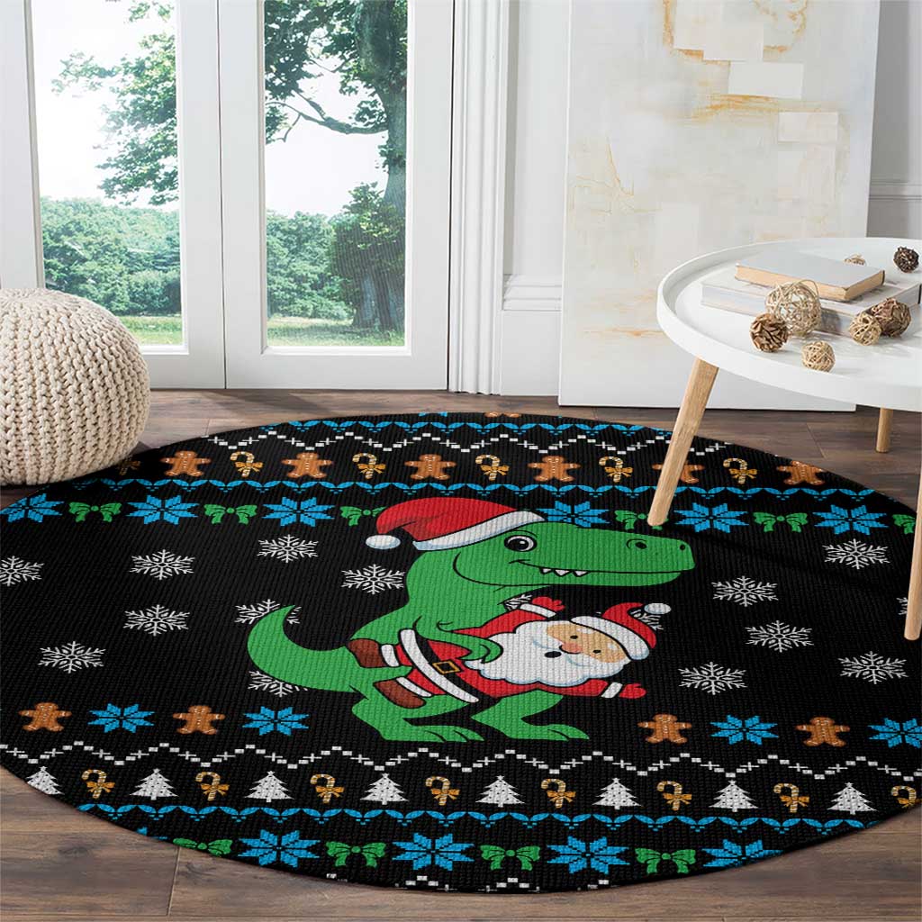 Funny Santa Riding Dinosaur Christmas Round Carpet Gingerbread Snowflake Pattern - Wonder Print Shop