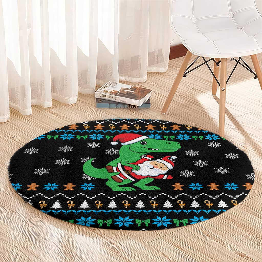 Funny Santa Riding Dinosaur Christmas Round Carpet Gingerbread Snowflake Pattern - Wonder Print Shop