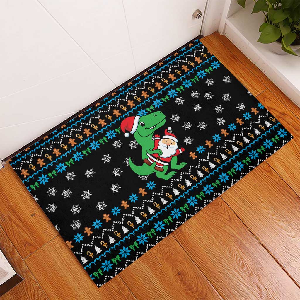 Funny Santa Riding Dinosaur Christmas Rubber Doormat Gingerbread Snowflake Pattern - Wonder Print Shop