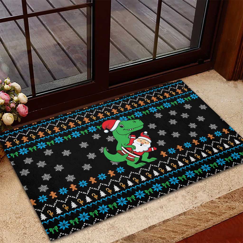 Funny Santa Riding Dinosaur Christmas Rubber Doormat Gingerbread Snowflake Pattern - Wonder Print Shop