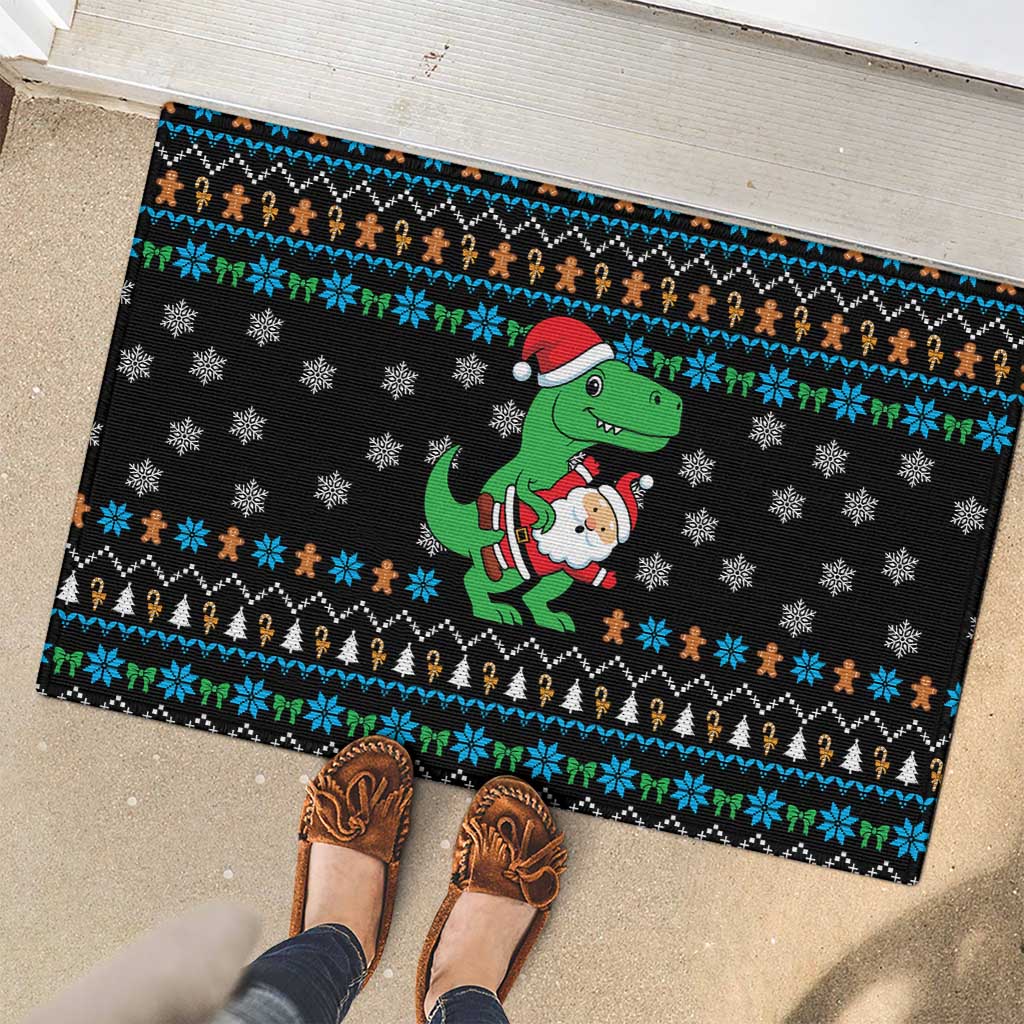 Funny Santa Riding Dinosaur Christmas Rubber Doormat Gingerbread Snowflake Pattern - Wonder Print Shop