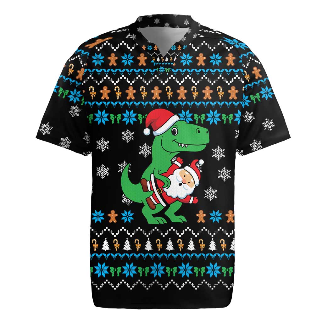 Funny Santa Riding Dinosaur Christmas Rugby Jersey Gingerbread Snowflake Pattern - Wonder Print Shop