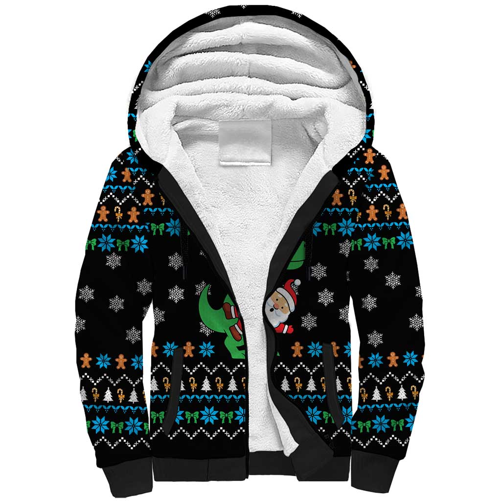Funny Santa Riding Dinosaur Christmas Sherpa Hoodie Gingerbread Snowflake Pattern - Wonder Print Shop