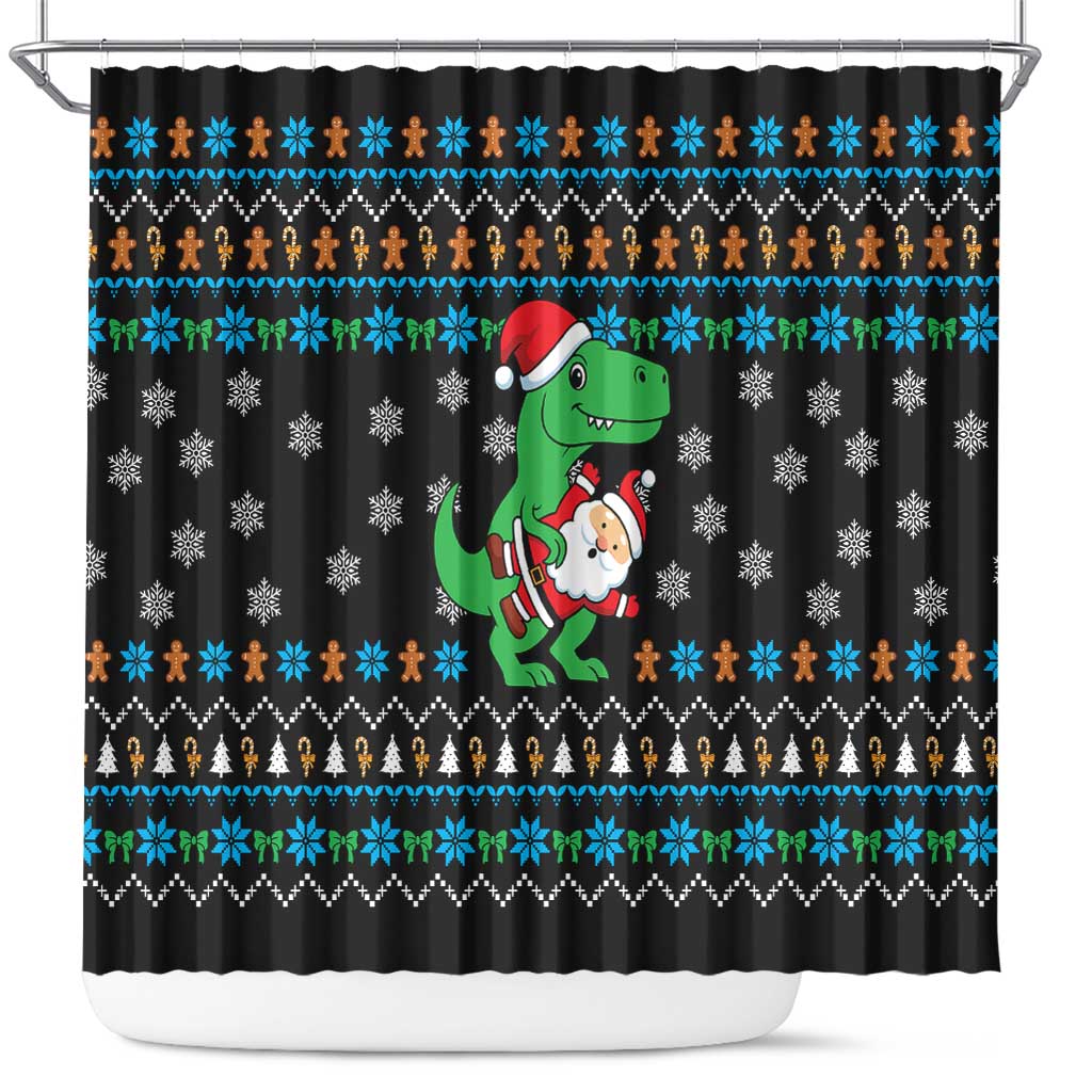 Funny Santa Riding Dinosaur Christmas Shower Curtain Gingerbread Snowflake Pattern - Wonder Print Shop