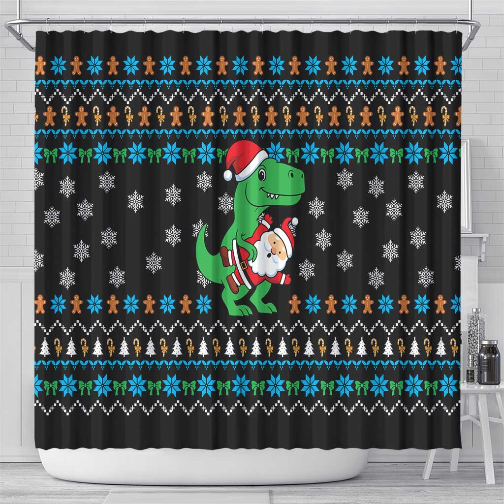 Funny Santa Riding Dinosaur Christmas Shower Curtain Gingerbread Snowflake Pattern - Wonder Print Shop