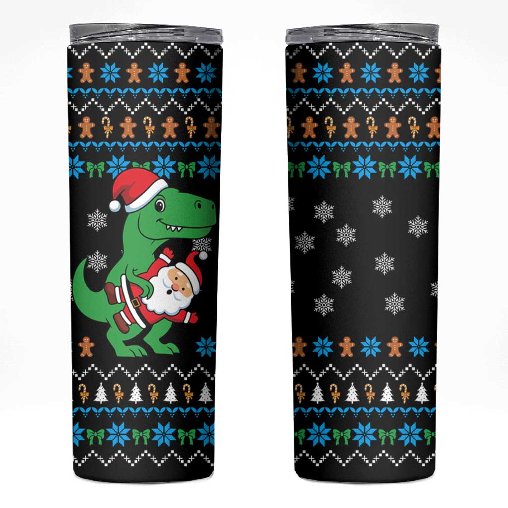 Funny Santa Riding Dinosaur Christmas Skinny Tumbler Gingerbread Snowflake Pattern - Wonder Print Shop