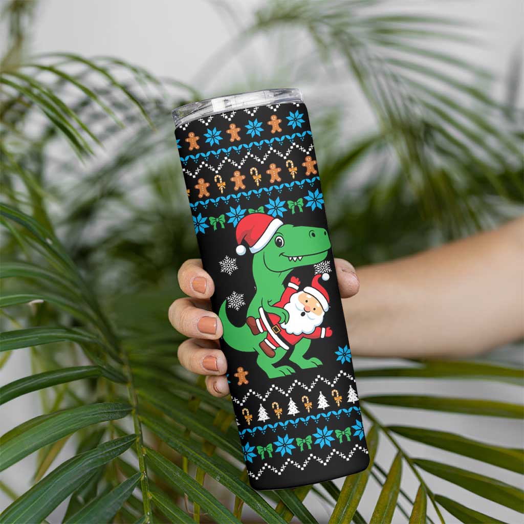 Funny Santa Riding Dinosaur Christmas Skinny Tumbler Gingerbread Snowflake Pattern - Wonder Print Shop