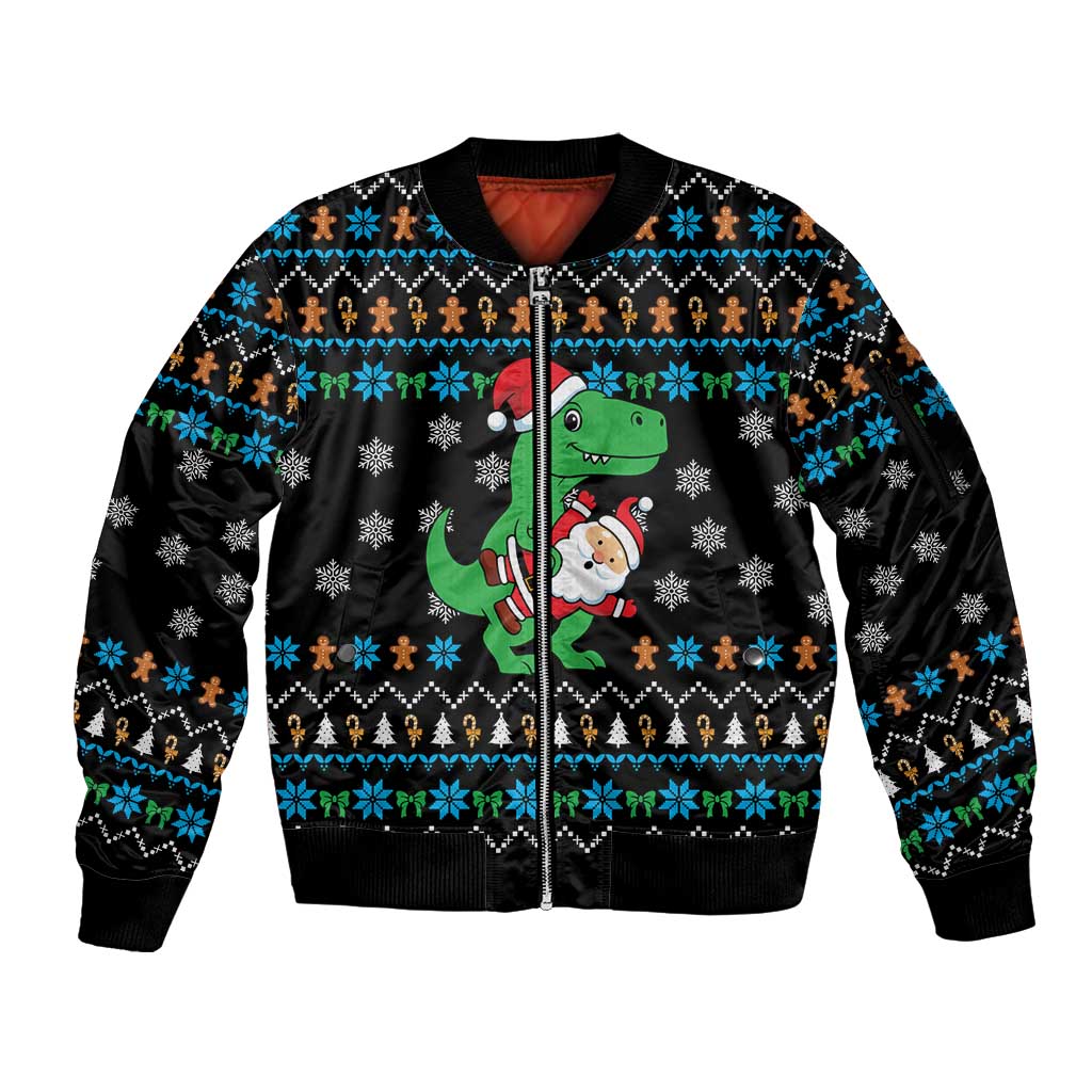 Funny Santa Riding Dinosaur Christmas Sleeve Zip Bomber Jacket Gingerbread Snowflake Pattern - Wonder Print Shop