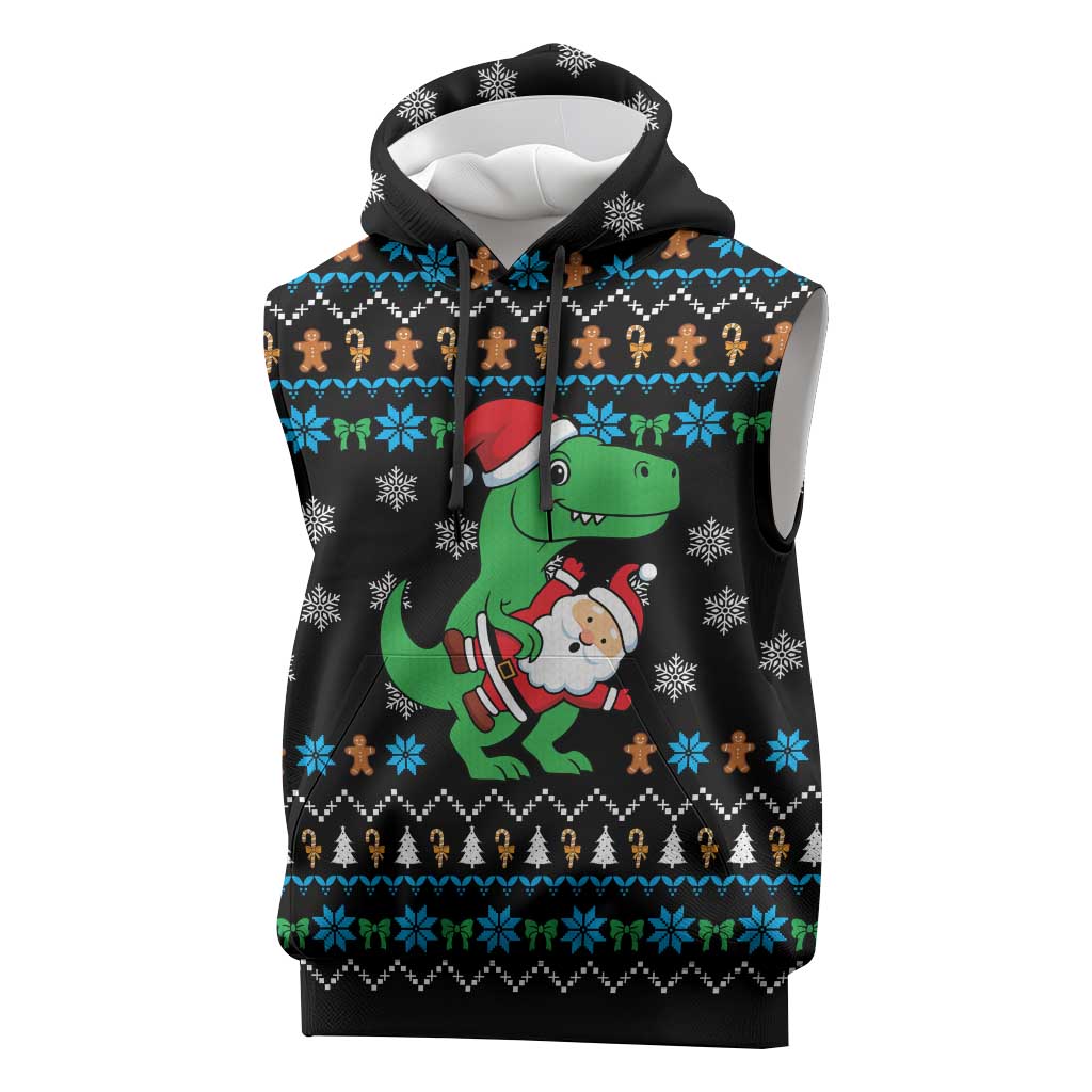 Funny Santa Riding Dinosaur Christmas Sleeveless Hoodie Gingerbread Snowflake Pattern - Wonder Print Shop