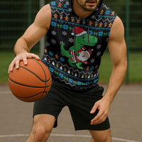 Funny Santa Riding Dinosaur Christmas Sleeveless Hoodie Gingerbread Snowflake Pattern - Wonder Print Shop
