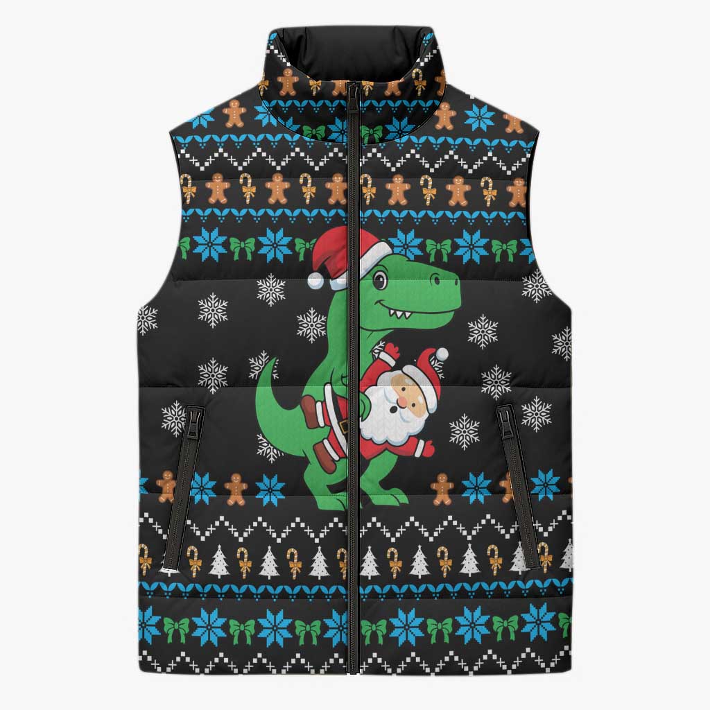 Funny Santa Riding Dinosaur Christmas Sleeveless Puffer Jacket Gingerbread Snowflake Pattern - Wonder Print Shop