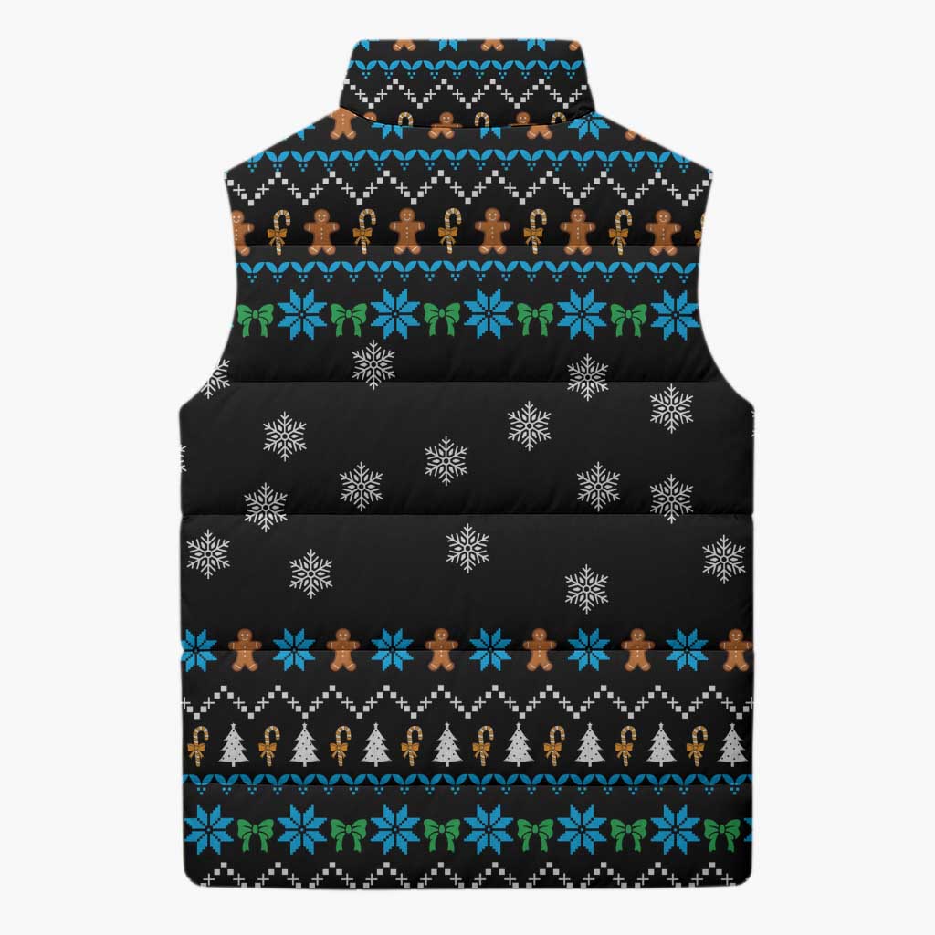 Funny Santa Riding Dinosaur Christmas Sleeveless Puffer Jacket Gingerbread Snowflake Pattern - Wonder Print Shop