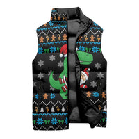 Funny Santa Riding Dinosaur Christmas Sleeveless Puffer Jacket Gingerbread Snowflake Pattern - Wonder Print Shop