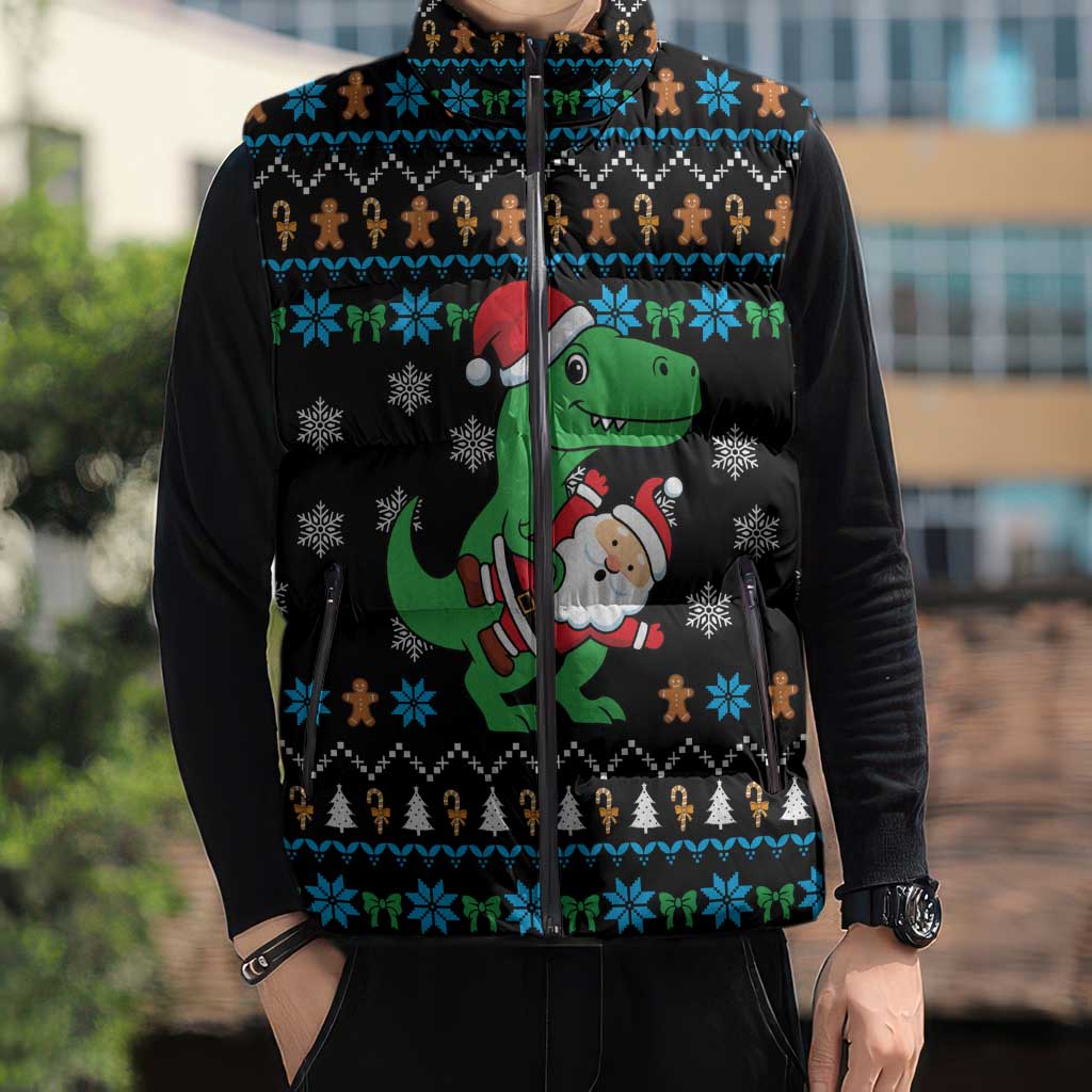 Funny Santa Riding Dinosaur Christmas Sleeveless Puffer Jacket Gingerbread Snowflake Pattern - Wonder Print Shop