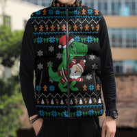 Funny Santa Riding Dinosaur Christmas Sleeveless Puffer Jacket Gingerbread Snowflake Pattern - Wonder Print Shop