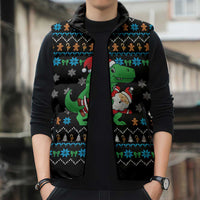 Funny Santa Riding Dinosaur Christmas Sleeveless Puffer Jacket Gingerbread Snowflake Pattern - Wonder Print Shop