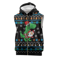 Funny Santa Riding Dinosaur Christmas Sleeveless Zip Hoodie Gingerbread Snowflake Pattern - Wonder Print Shop