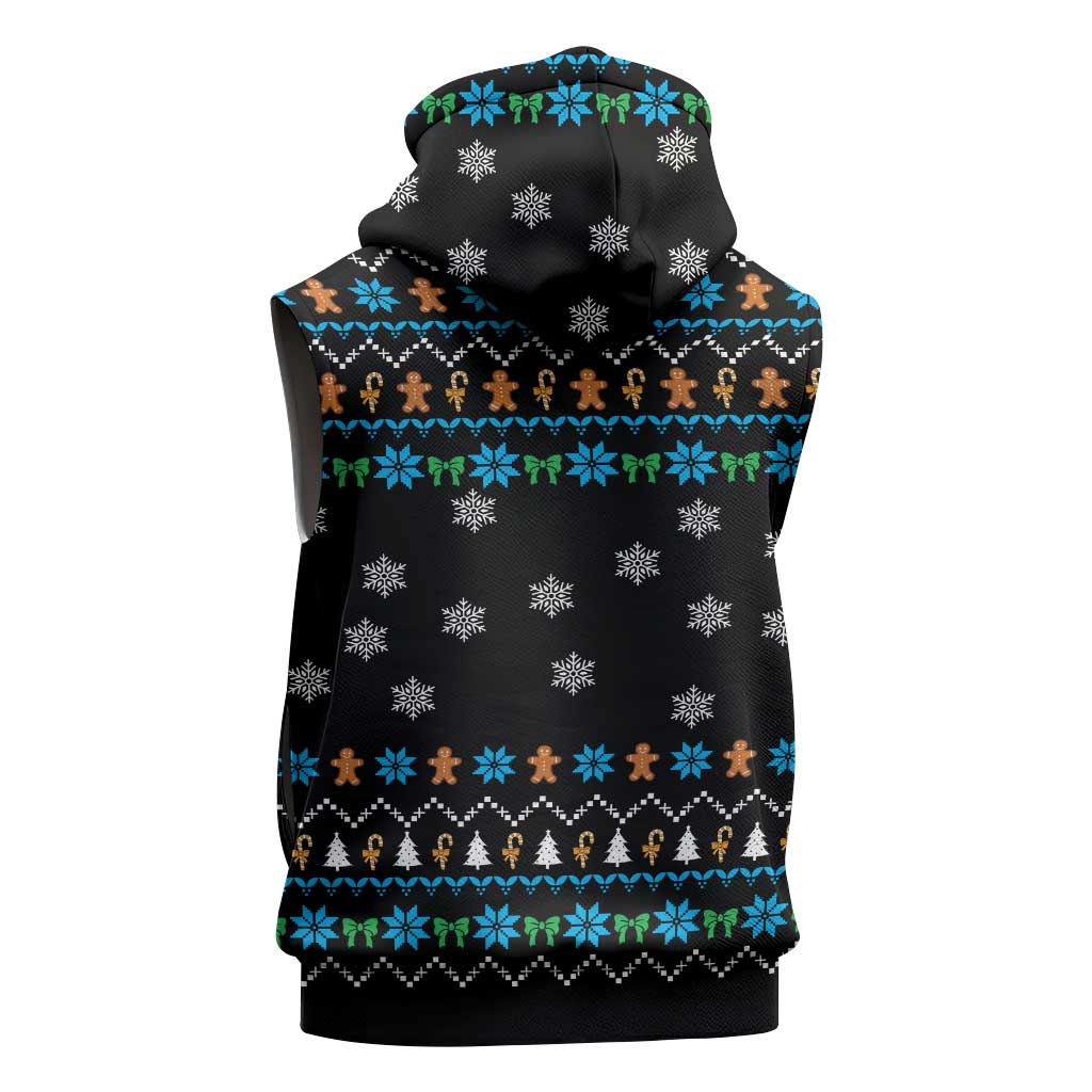 Funny Santa Riding Dinosaur Christmas Sleeveless Zip Hoodie Gingerbread Snowflake Pattern - Wonder Print Shop