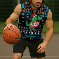 Funny Santa Riding Dinosaur Christmas Sleeveless Zip Hoodie Gingerbread Snowflake Pattern - Wonder Print Shop