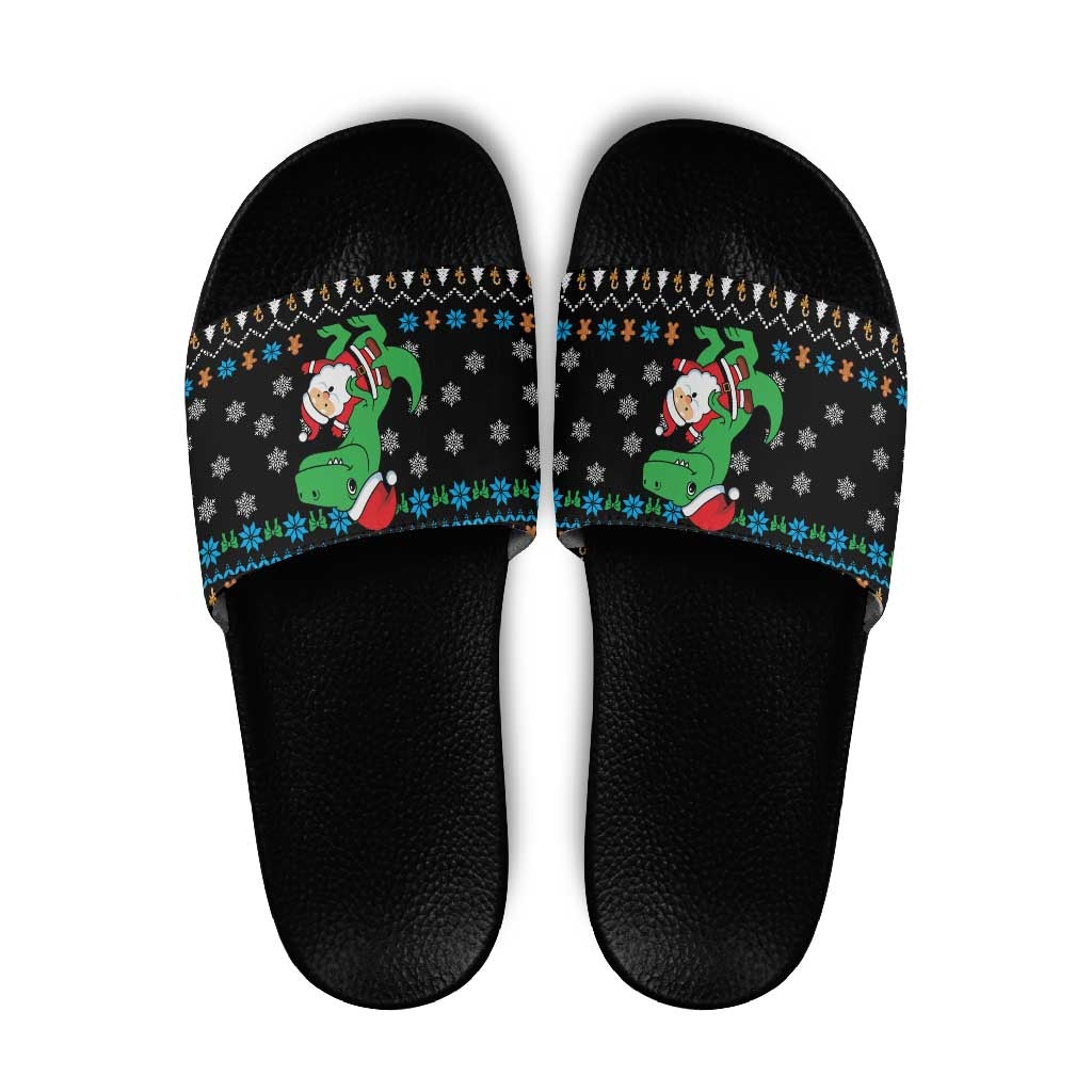 Funny Santa Riding Dinosaur Christmas Slide Sandals Gingerbread Snowflake Pattern - Wonder Print Shop