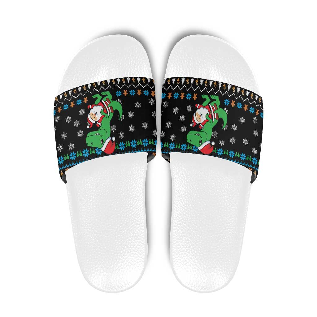 Funny Santa Riding Dinosaur Christmas Slide Sandals Gingerbread Snowflake Pattern - Wonder Print Shop