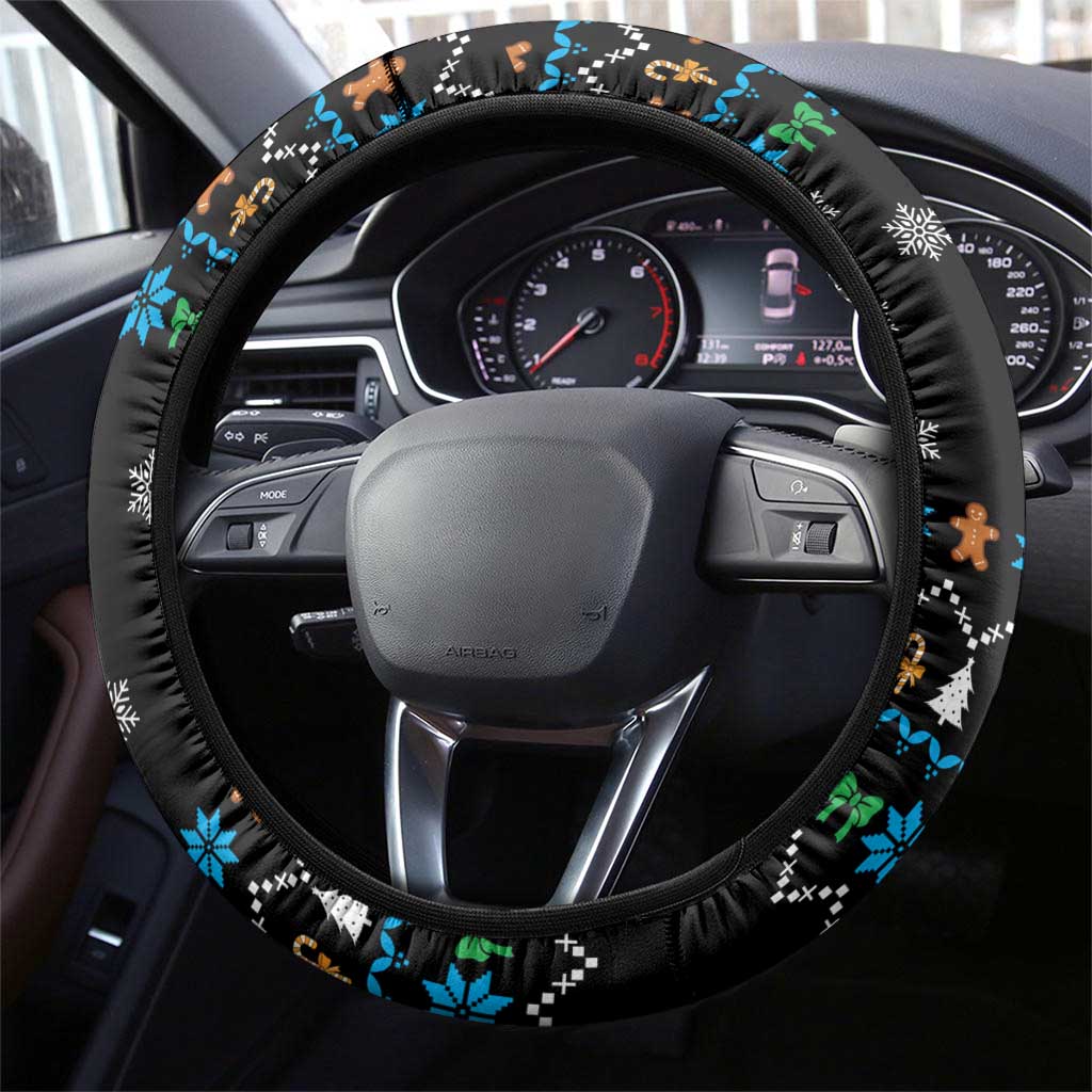 Funny Santa Riding Dinosaur Christmas Steering Wheel Cover Gingerbread Snowflake Pattern - Wonder Print Shop