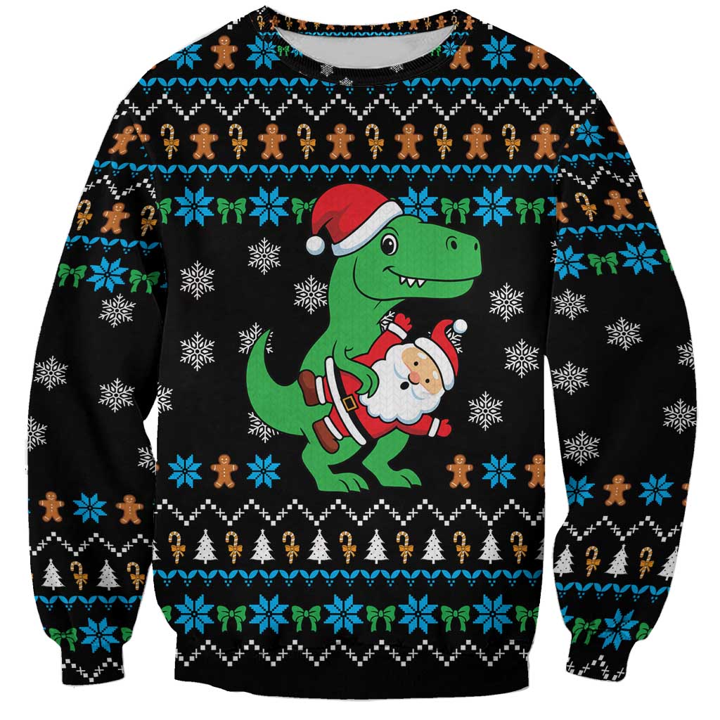Funny Santa Riding Dinosaur Christmas Sweatshirt Gingerbread Snowflake Pattern - Wonder Print Shop