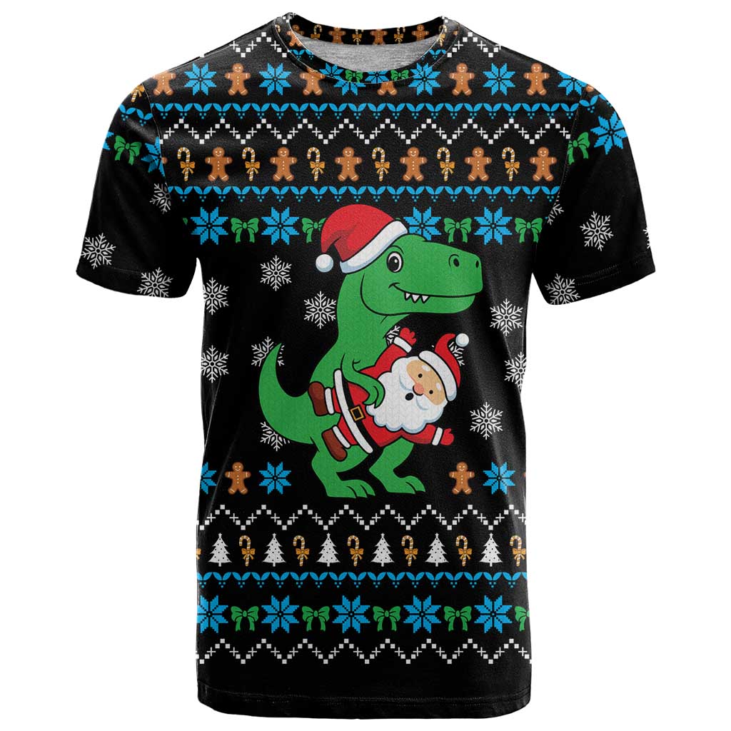 Funny Santa Riding Dinosaur Christmas T Shirt Gingerbread Snowflake Pattern - Wonder Print Shop