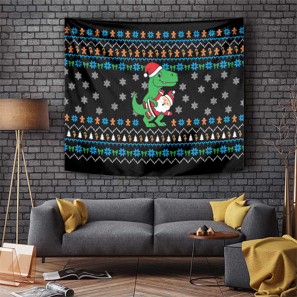 Funny Santa Riding Dinosaur Christmas Tapestry Gingerbread Snowflake Pattern - Wonder Print Shop