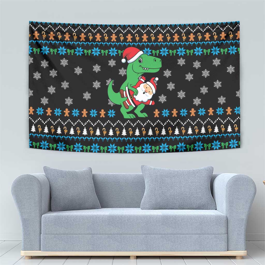 Funny Santa Riding Dinosaur Christmas Tapestry Gingerbread Snowflake Pattern - Wonder Print Shop
