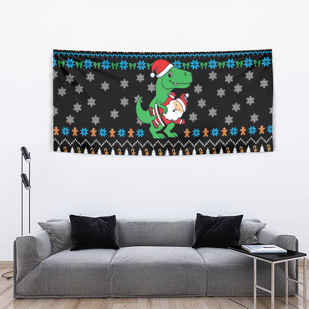 Funny Santa Riding Dinosaur Christmas Tapestry Gingerbread Snowflake Pattern - Wonder Print Shop