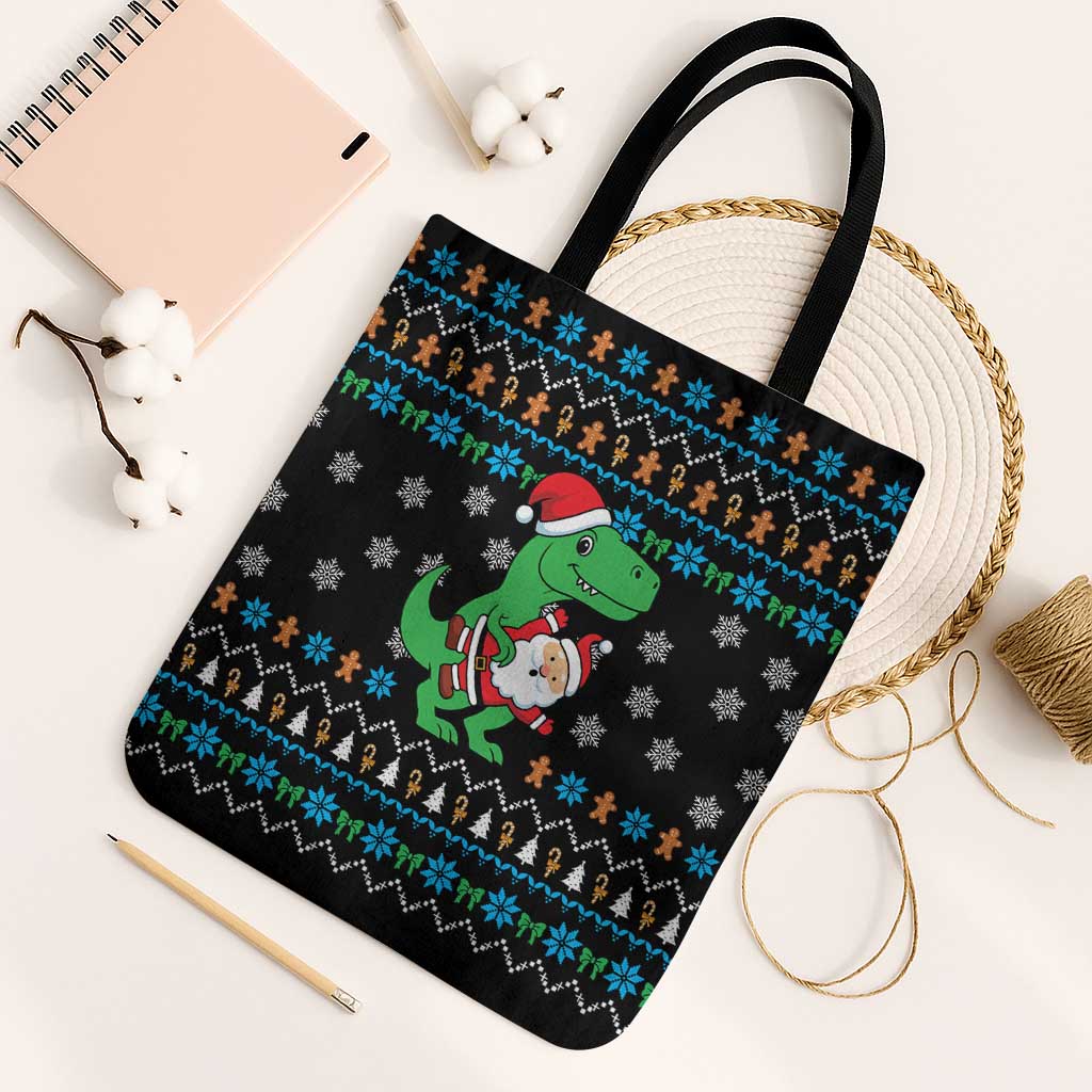 Funny Santa Riding Dinosaur Christmas Tote Bag Gingerbread Snowflake Pattern - Wonder Print Shop