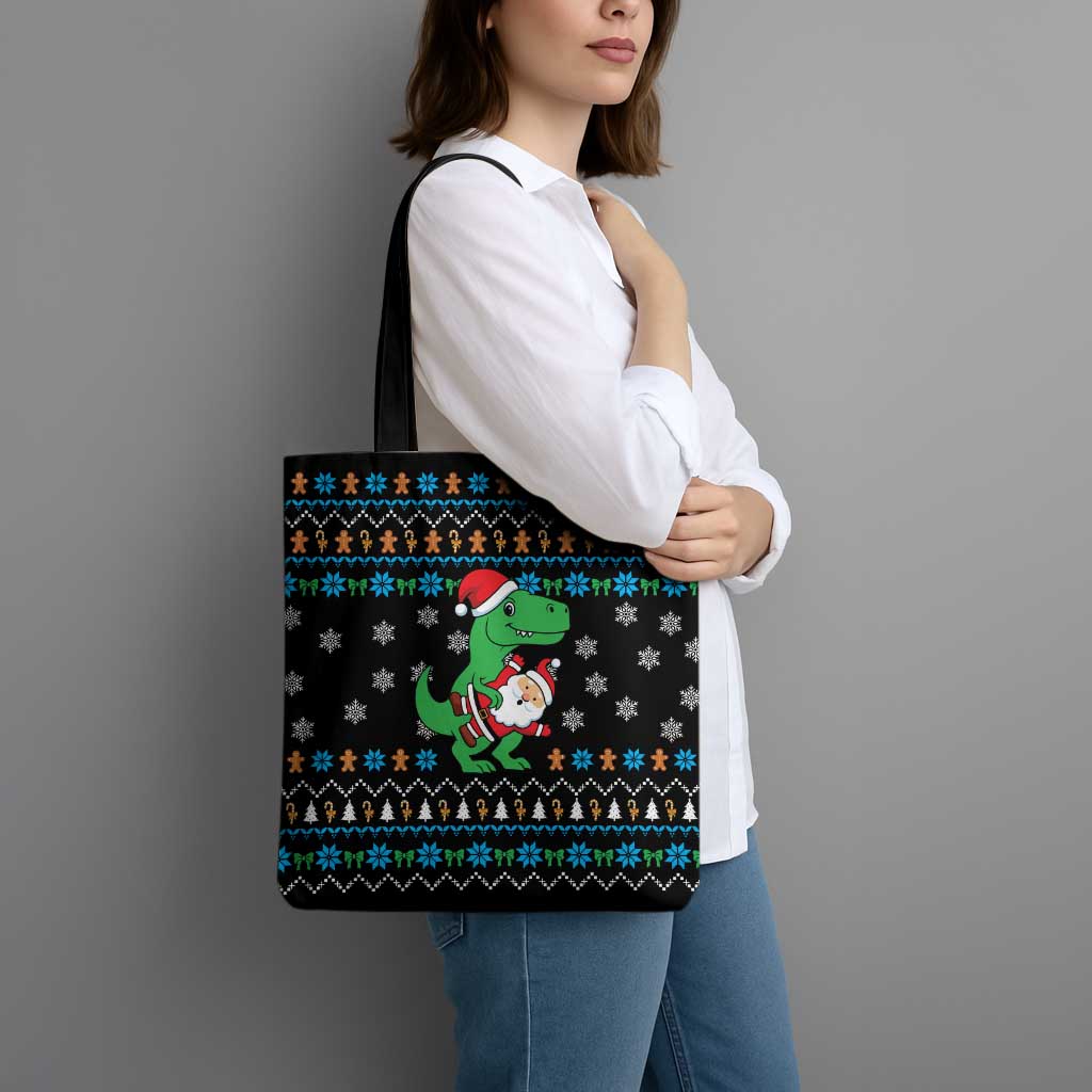 Funny Santa Riding Dinosaur Christmas Tote Bag Gingerbread Snowflake Pattern - Wonder Print Shop
