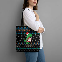 Funny Santa Riding Dinosaur Christmas Tote Bag Gingerbread Snowflake Pattern - Wonder Print Shop