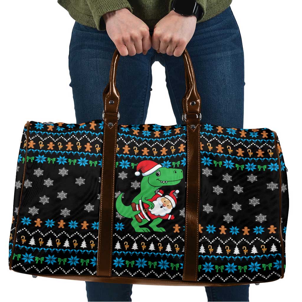 Funny Santa Riding Dinosaur Christmas Travel Bag Gingerbread Snowflake Pattern - Wonder Print Shop