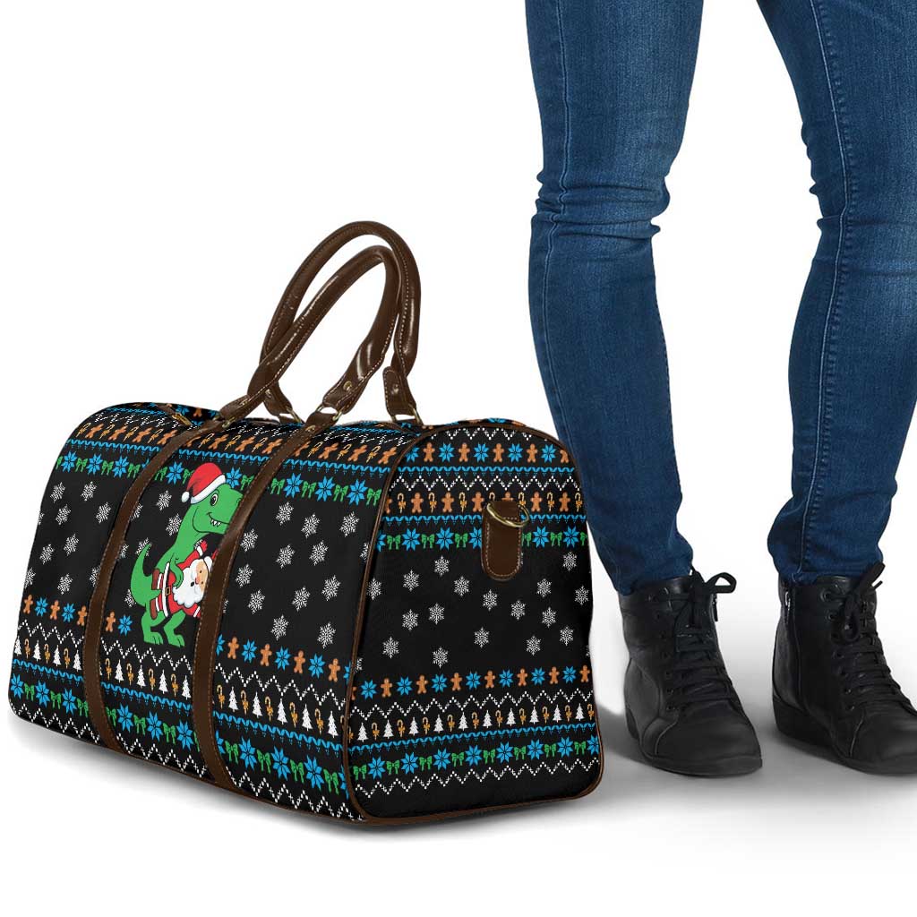 Funny Santa Riding Dinosaur Christmas Travel Bag Gingerbread Snowflake Pattern - Wonder Print Shop