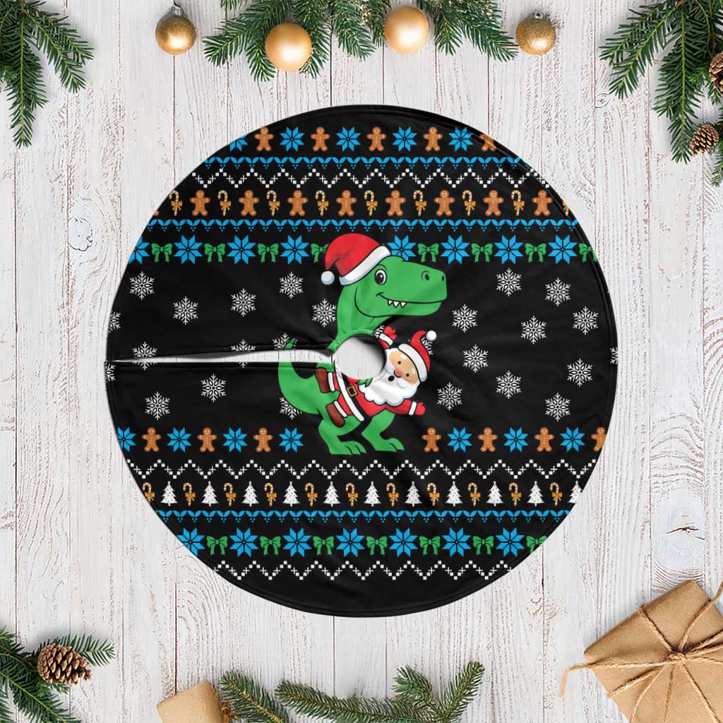 Funny Santa Riding Dinosaur Christmas Tree Skirt Gingerbread Snowflake Pattern - Wonder Print Shop
