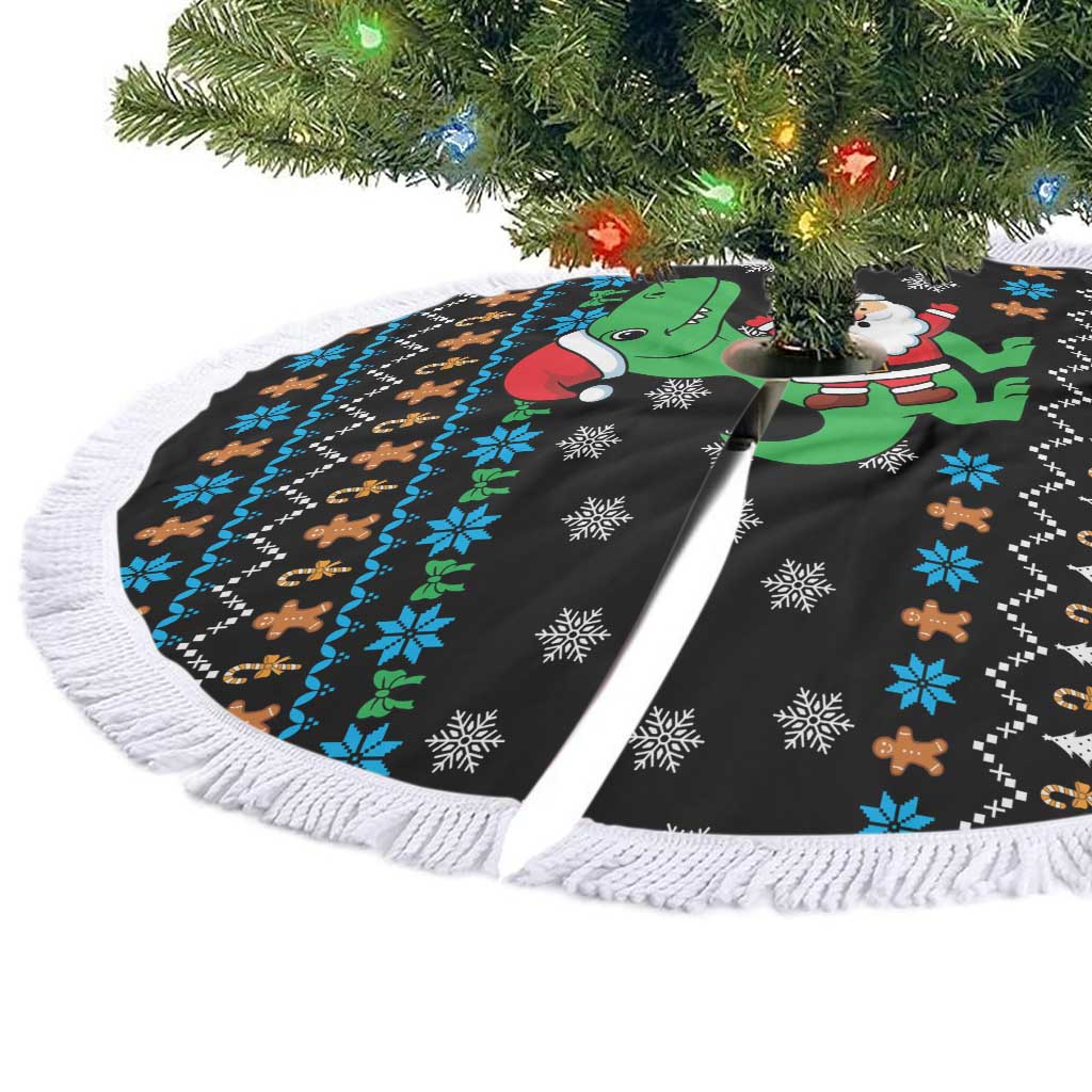 Funny Santa Riding Dinosaur Christmas Tree Skirt Gingerbread Snowflake Pattern - Wonder Print Shop