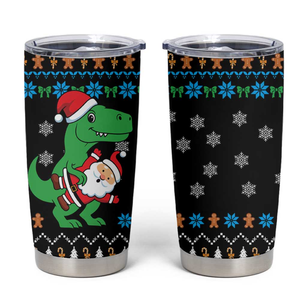 Funny Santa Riding Dinosaur Christmas Tumbler Cup Gingerbread Snowflake Pattern - Wonder Print Shop