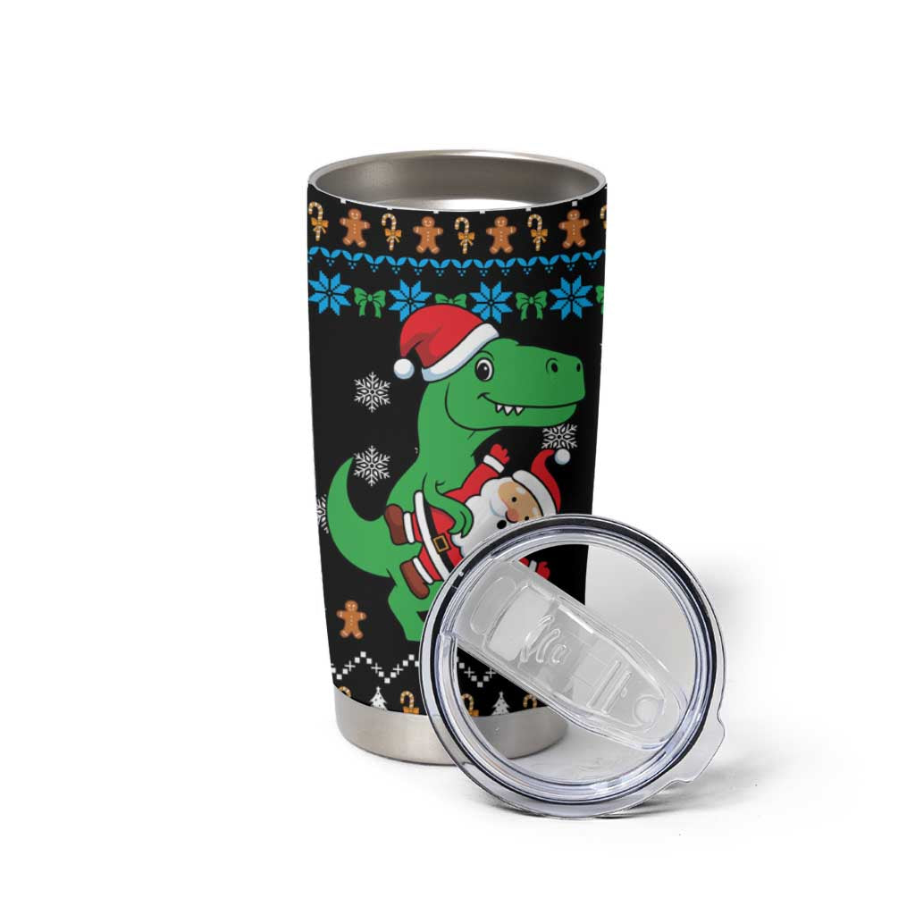 Funny Santa Riding Dinosaur Christmas Tumbler Cup Gingerbread Snowflake Pattern - Wonder Print Shop