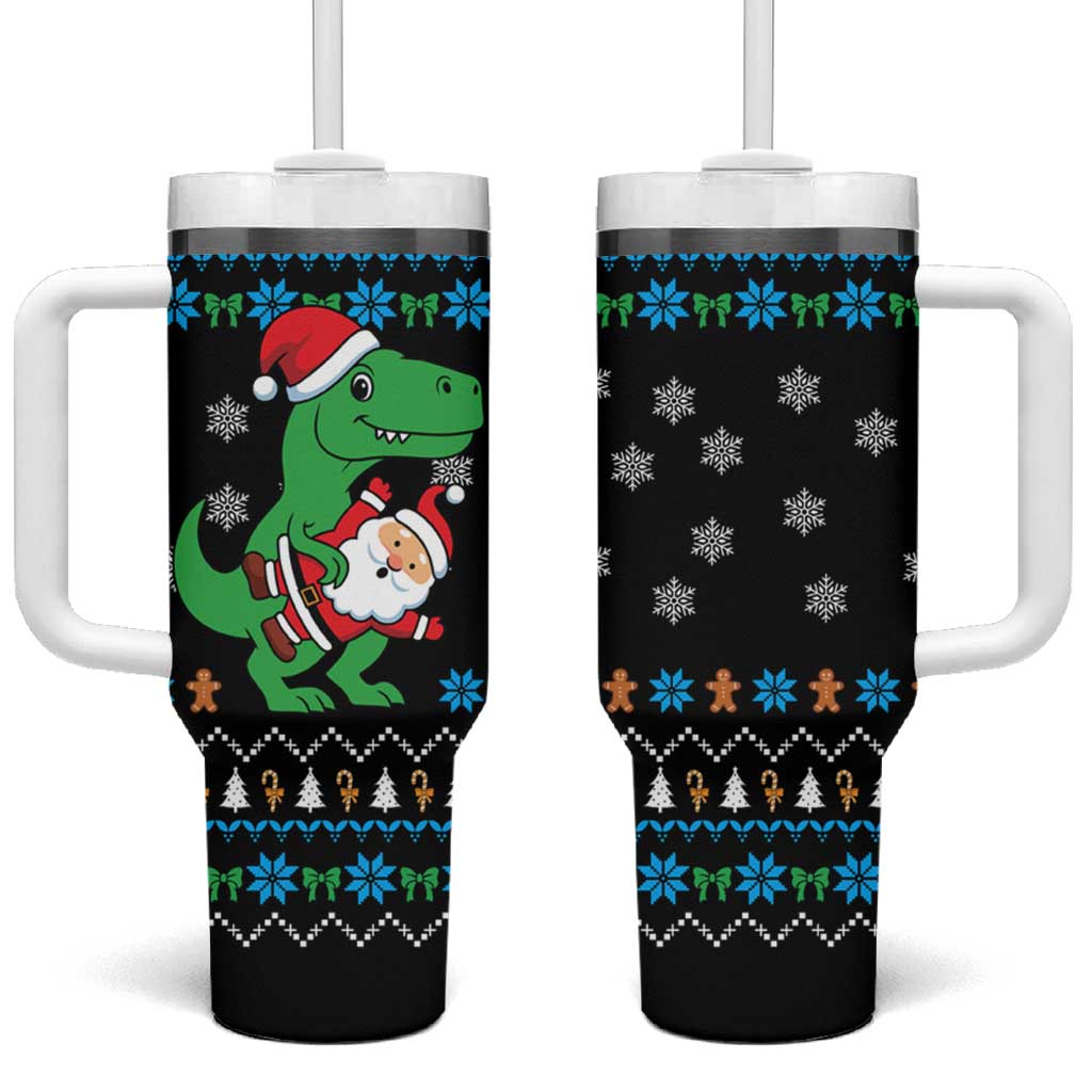 Funny Santa Riding Dinosaur Christmas Tumbler With Handle Gingerbread Snowflake Pattern - Wonder Print Shop