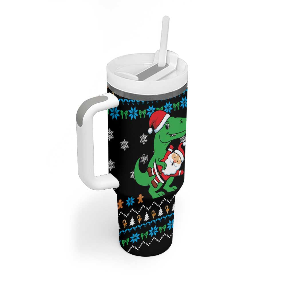 Funny Santa Riding Dinosaur Christmas Tumbler With Handle Gingerbread Snowflake Pattern - Wonder Print Shop
