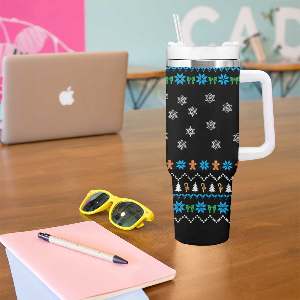 Funny Santa Riding Dinosaur Christmas Tumbler With Handle Gingerbread Snowflake Pattern - Wonder Print Shop