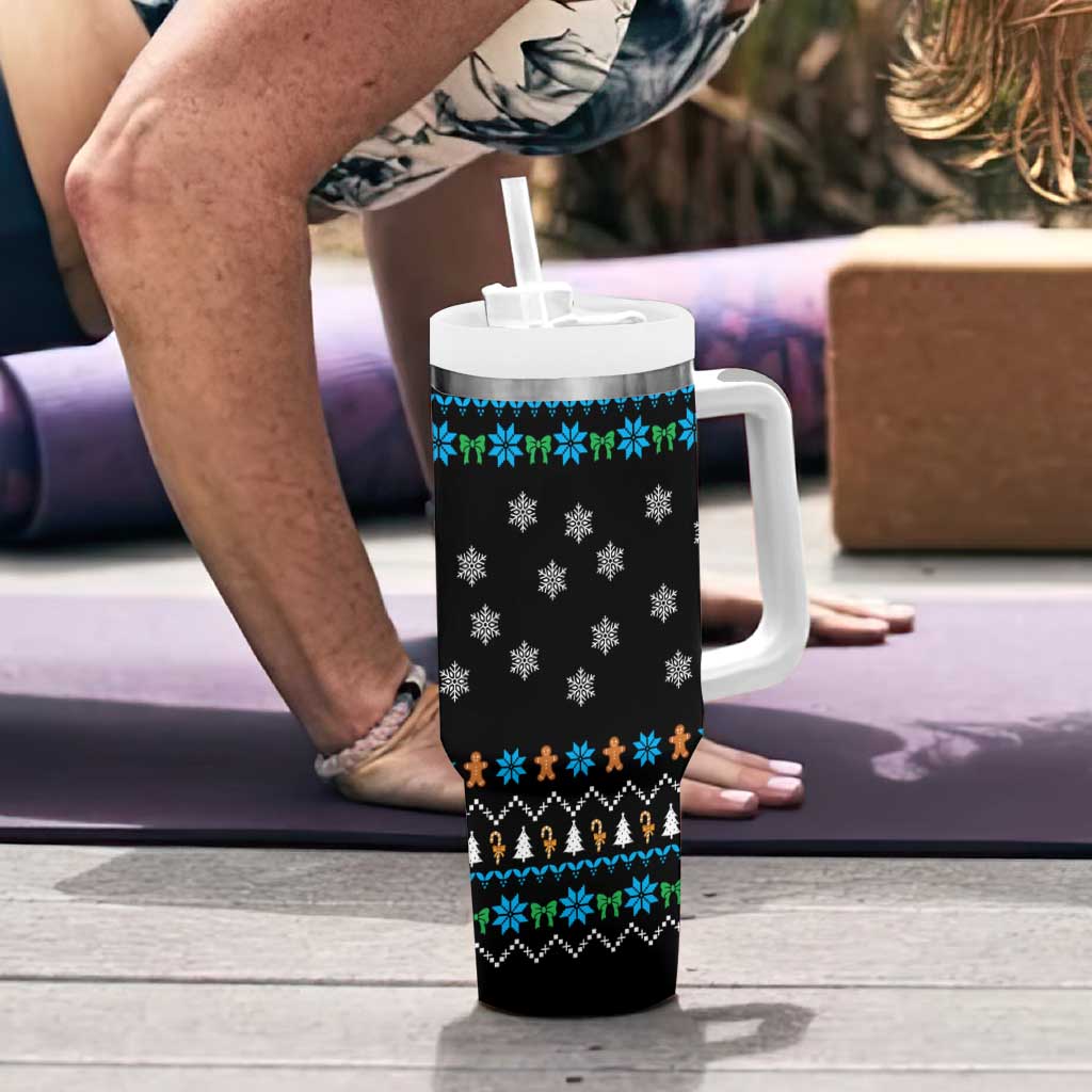 Funny Santa Riding Dinosaur Christmas Tumbler With Handle Gingerbread Snowflake Pattern - Wonder Print Shop