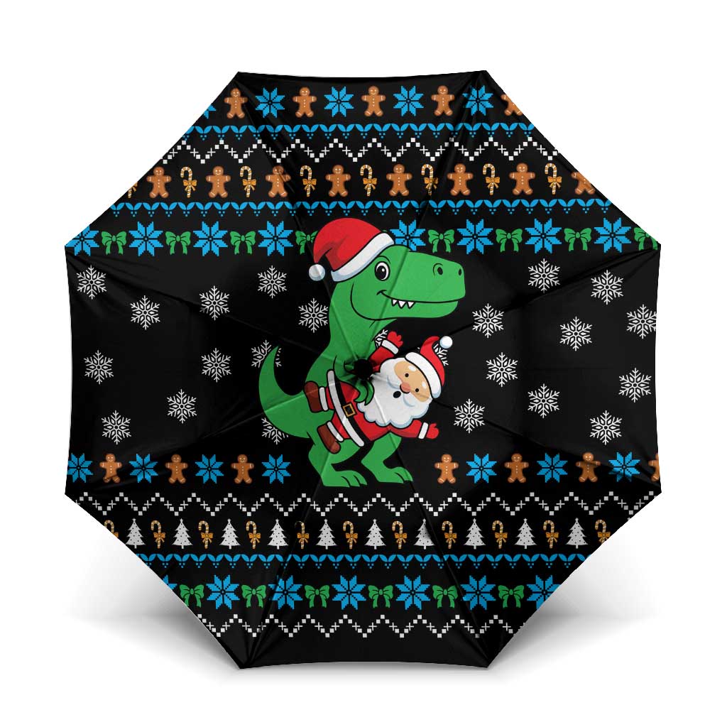 Funny Santa Riding Dinosaur Christmas Umbrella Gingerbread Snowflake Pattern - Wonder Print Shop