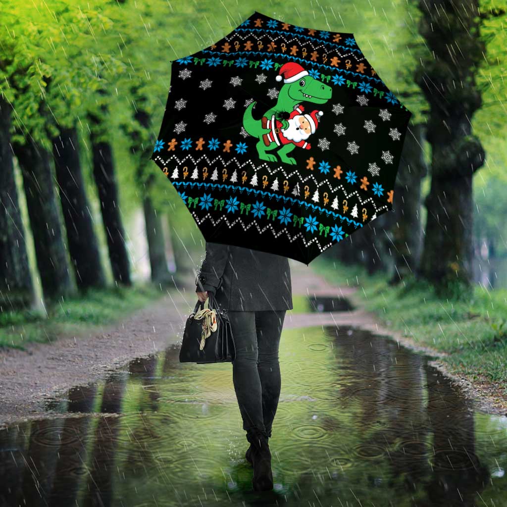 Funny Santa Riding Dinosaur Christmas Umbrella Gingerbread Snowflake Pattern - Wonder Print Shop