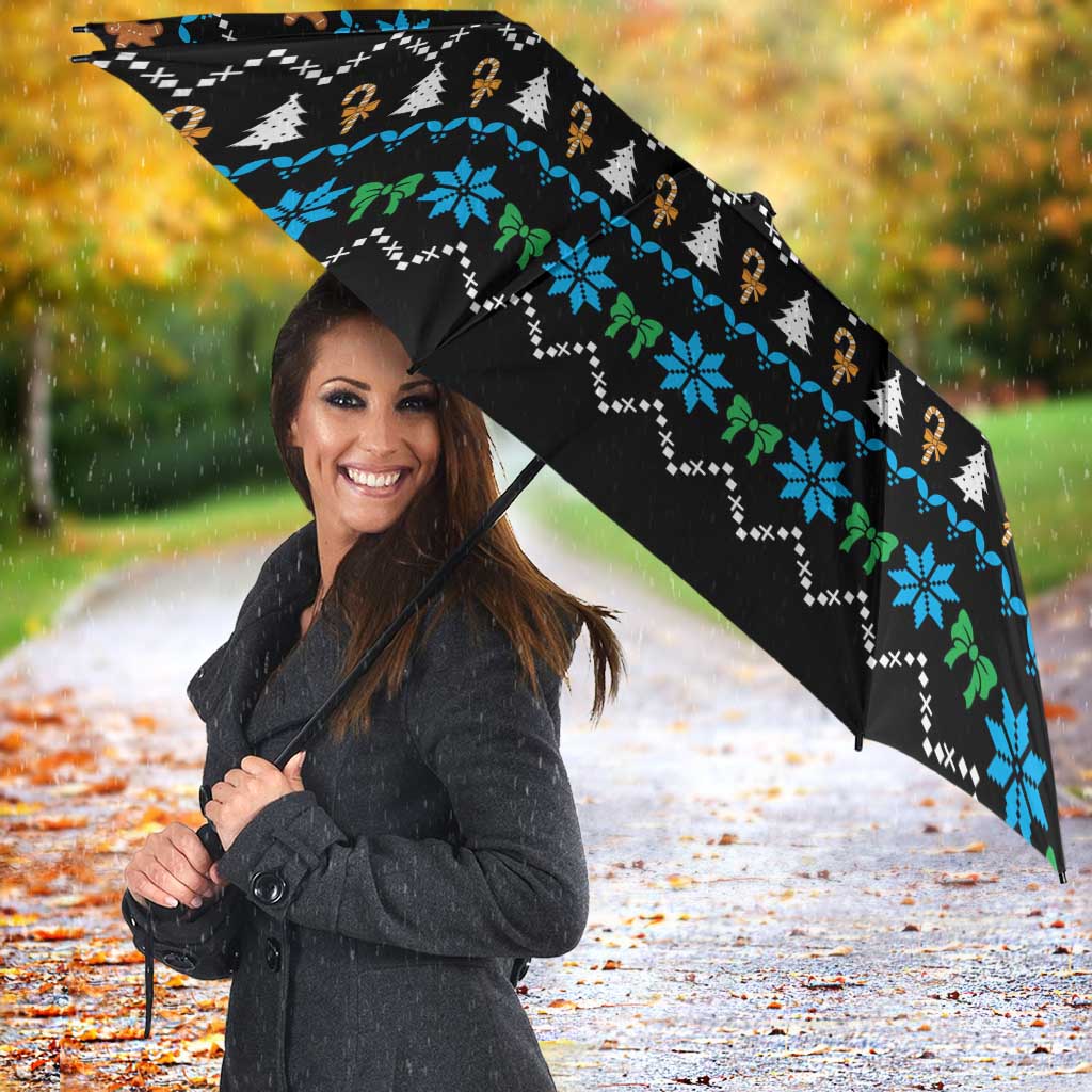 Funny Santa Riding Dinosaur Christmas Umbrella Gingerbread Snowflake Pattern - Wonder Print Shop