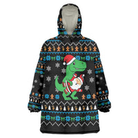 Funny Santa Riding Dinosaur Christmas Wearable Blanket Hoodie Gingerbread Snowflake Pattern - Wonder Print Shop
